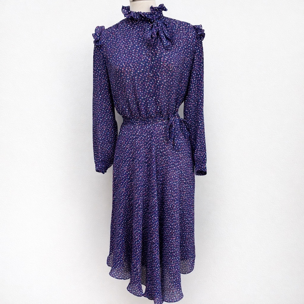 Vintage Prairie Midi Dress Floral Ruffle Bow Ditsy Secretary Navy Size Medium